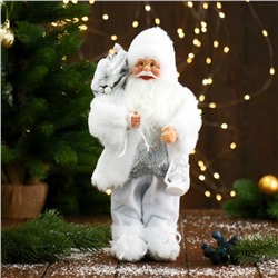 Дед Мороз "В белой шубке, с фонариком и подарками" 30 см