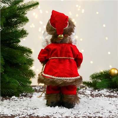 Дед Мороз "В кафтане с пуговицами и с мешком" 30 см, двигается, красно-коричневый