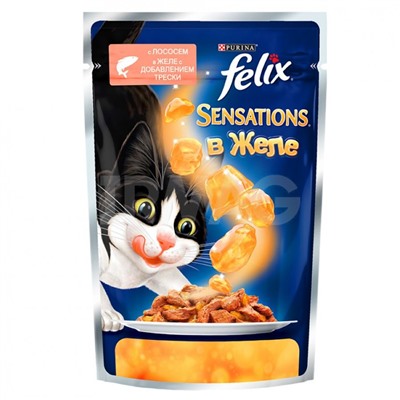 Корм для кошек Felix Sensations с Лососем в желе со вкусом трески, пауч (85 г)