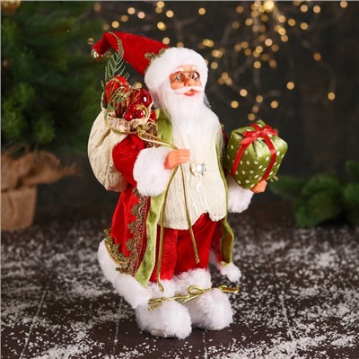 Дед Мороз "В колпачке и с коробкой подарков в горошек" 30 см, красно-зелёный