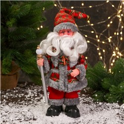 Дед Мороз "Цветной шубке и с фонариком на посохе" 30 см, двигается, красно-серый