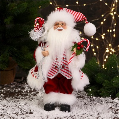 Дед Мороз "В костюмчике с полосками" 32 см, красный