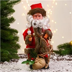 Дед Мороз "В кафтане с пуговицами и с мешком" 30 см, двигается, красно-коричневый
