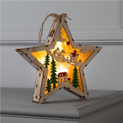Светодиодная фигура «Звезда с новогодним пейзажем» 22 × 22 × 4 см, дерево, батарейки АААх2 (не в комплекте), свечение тёплое белое
