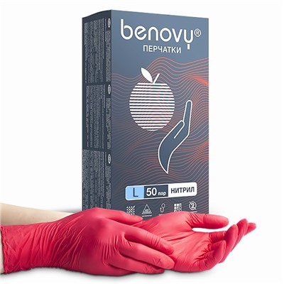 Перчатки нитриловые красные BENOVY Nitrile MultiColor 50 пар/уп (L)