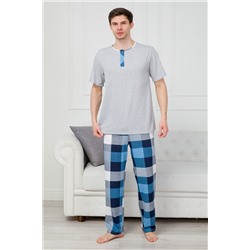 Пижама мужская из футболки с коротким рукавом и брюк из кулирки Француа клетка индиго макси