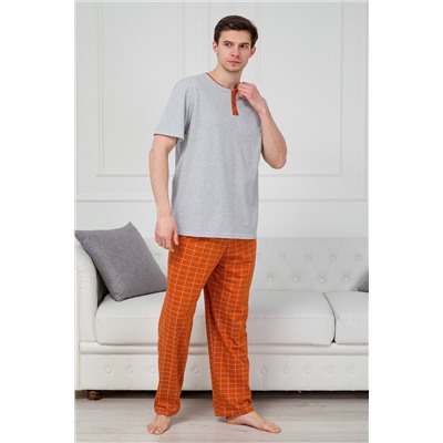 Пижама мужская из футболки с коротким рукавом и брюк из кулирки Француа клетка на кирпичном