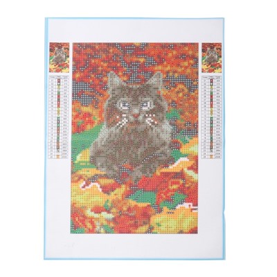 Алмазная мозаика со светящимися стразами «Котик в листьях» 20х30 см, на холсте