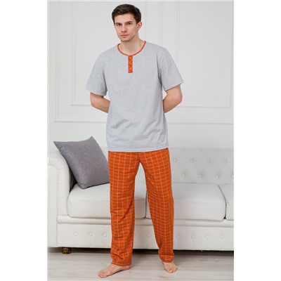 Пижама мужская из футболки с коротким рукавом и брюк из кулирки Француа клетка на кирпичном макси