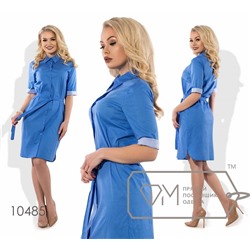 Платье-рубашка мини прямое из коттона под пояс с рукавами 3/4, застёжкой по всей длине и боковыми разрезами 10485