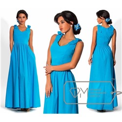 Платье макси полуприталенное из бенгалина без рукавов, с юбкой в складку и бантами на плечах 6650