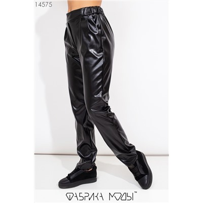 Кожаные прямые брюки высокой посадки с втачным поясом на резинке и прорезными карманами по бокам 14575