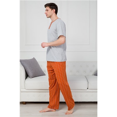 Пижама мужская из футболки с коротким рукавом и брюк из кулирки Француа клетка на кирпичном