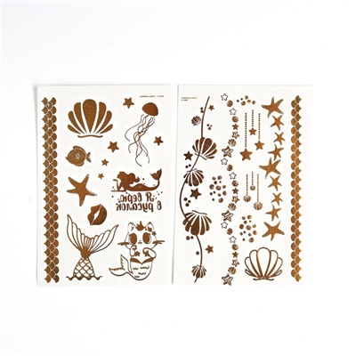 Детские татуировки-переводки, 10×15 см, набор 2 листа, золото, «Русалочки, ракушки»