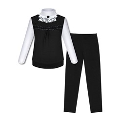 Школьная форма для девочки с белой водолазкой (блузкой) жабо, черным жилетом и юбкой