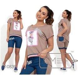 Комплект: футболка с 3D нашивкой, асимметричным подолом и декорирован стразами на двухцветных шортах X10839