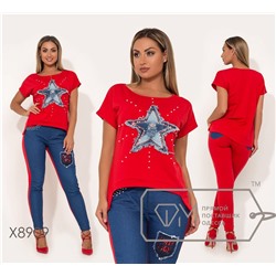 Костюм-двойка из двунитки и джинса с нашивкой-звезда и декорирован жемчужинами на футболке и брюках X8909