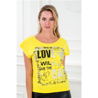 Футболка женская со спущенным плечом из кулирки Лира жёлтый с принтом Love
