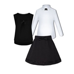Школьная форма для девочки с белой водолазкой, черным жилетом и юбкой
