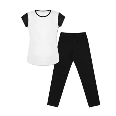 Спортивный комплект для девочки с белой футболкой с черными рукавами и серыми леггинсами