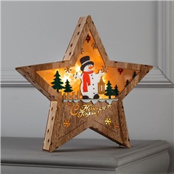 Светодиодная фигура «Звезда со снеговиком» 30 × 30 × 5 см, дерево, батарейки АААх2 (не в комплекте), свечение тёплое белое
