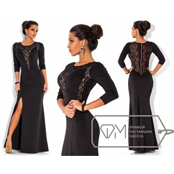 Вечернее платье в пол из дайвинга с рукавом три четверти, высоким разрезом сбоку и отделкой из гипюра Цвет чёрный 5742