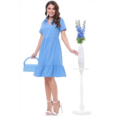 Платье голубое с оборками в горошек