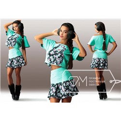 Костюм Матрёшка из дайвинга и джинса - мини-юбка на кокетке и свободная блузка с короткими рукавами Цвет 5153