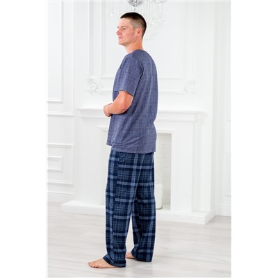 Пижама мужская из футболки с коротким рукавом и брюк из кулирки Генри темно-синяя клетка макси