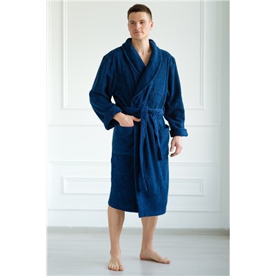 Махровый халат с вышивкой темно-синий