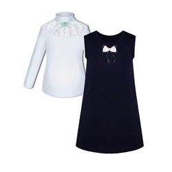Школьная форма для девочки с белой водолазкой (блузкой) и синим сарафаном с бантиком