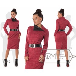 Платье-футляр миди облегающее из трикотажа с люрексом со шлицей, асимметричным воротом-апаш из экокожи и кожаным поясом в комплекте 9895