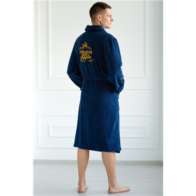 Махровый халат с вышивкой темно-синий