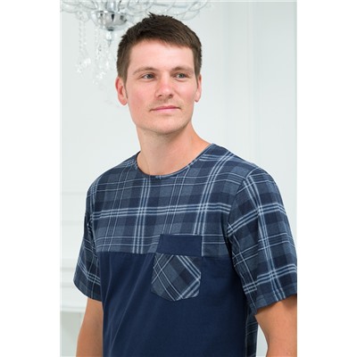 Пижама мужская из футболки с коротким рукавом и брюк из кулирки Макс темно-синяя клетка