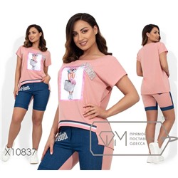 Комплект: футболка с 3D нашивкой, асимметричным подолом и декорирован стразами на двухцветных шортах X10837