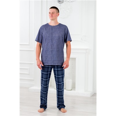 Пижама мужская из футболки с коротким рукавом и брюк из кулирки Генри темно-синяя клетка