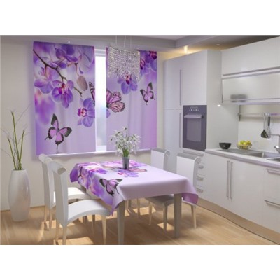 Фотошторы для кухни "Бабочки у воды с орхидеями"