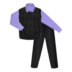 Школьный комплект для мальчика с сиреневой рубашкой, черным вязаным жилетом и брюками