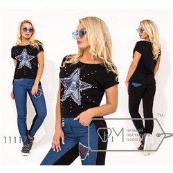 Костюм-двойка из двунитки и джинса с нашивкой-звезда и декорирован жемчужинами на футболке и брюках 11117