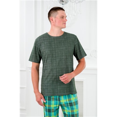 Пижама мужская из футболки с коротким рукавом и брюк из кулирки Генри бирюзовая клетка