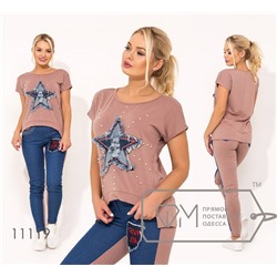 Костюм-двойка из двунитки и джинса с нашивкой-звезда и декорирован жемчужинами на футболке и брюках 11119