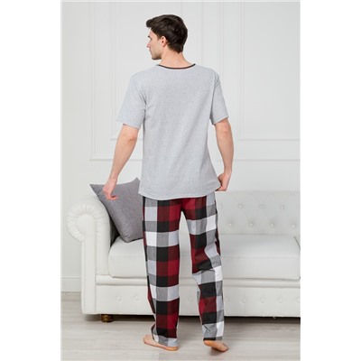 Пижама мужская из футболки с коротким рукавом и брюк из кулирки Француа клетка бордо