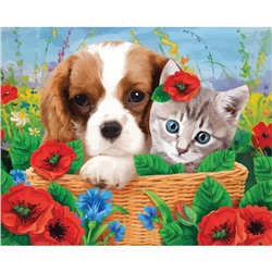 Алмазная мозаика на подрамнике с полным заполнением «Котёнок и щенок», 40х50см