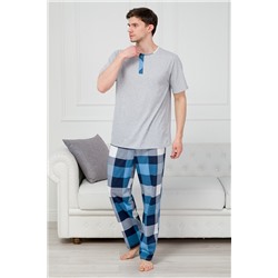 Пижама мужская из футболки с коротким рукавом и брюк из кулирки Француа клетка индиго