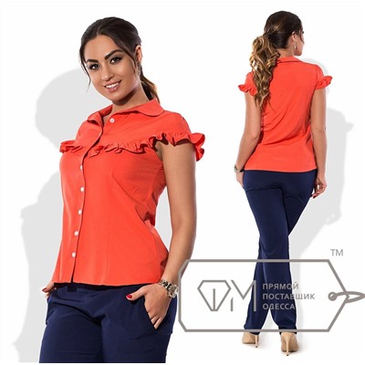 Рубашка-блузка приталенная из поплина стрейч с поперечной оборкой на лифе, переходящей на короткие рукава X6154