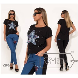 Костюм-двойка из двунитки и джинса с нашивкой-звезда и декорирован жемчужинами на футболке и брюках X8907