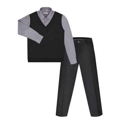 Школьный комплект для мальчика с серой рубашкой и черным костюмом