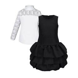 Школьная форма для девочки с белой водолазкой и черным сарафаном с оборками