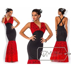 Вечернее платье-русалка из микродайвинга с гипюром с V-образным вырезом без рукавов с декольте Цвет красный гипюр 5739