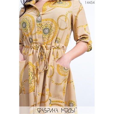 Принтованное платье А-силуэта со стояче-отложным воротником, рукавами 3/4 на эластичных манжетах-резинках и кулиской по завышенной талии 14454